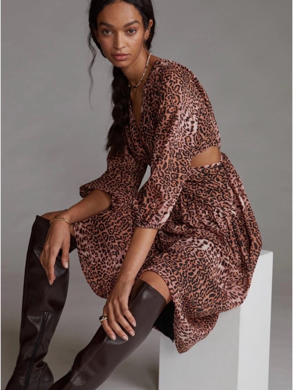 Anthropologie Brown Leopard-Print Midi Dress